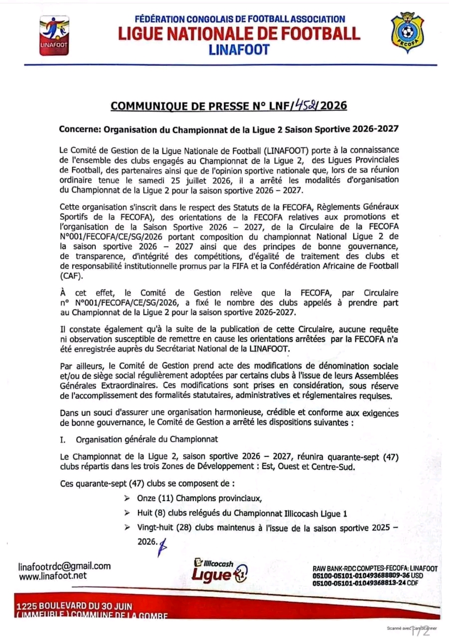 Football/ LINAFOOT Ligue 2 : 47 clubs attendus pour la saison 2026-2027 !