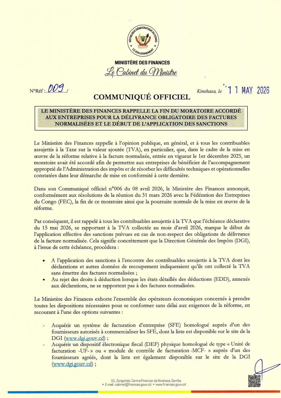 RDC : Facture normalisée — fin du moratoire et application des sanctions dès le 15 mai 2026 !