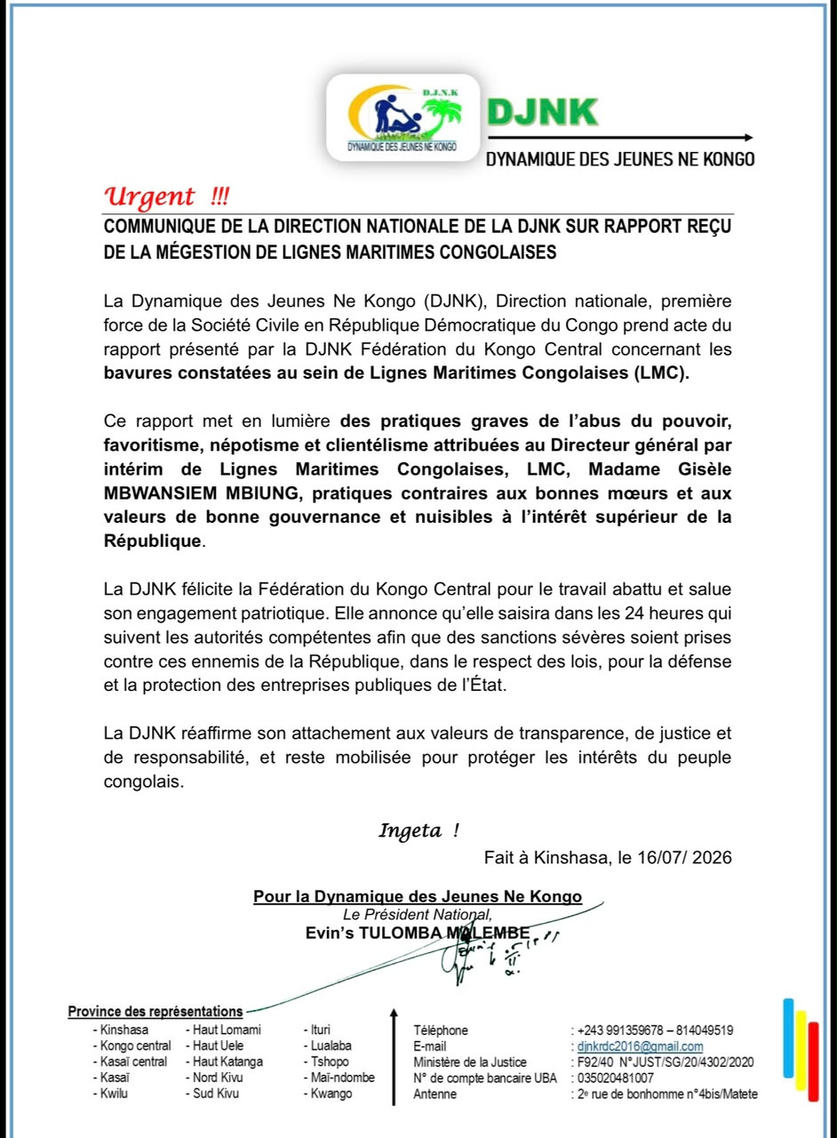 ‎RDC : La DJNK dénonce une présumée mauvaise gestion aux Lignes Maritimes Congolaises !